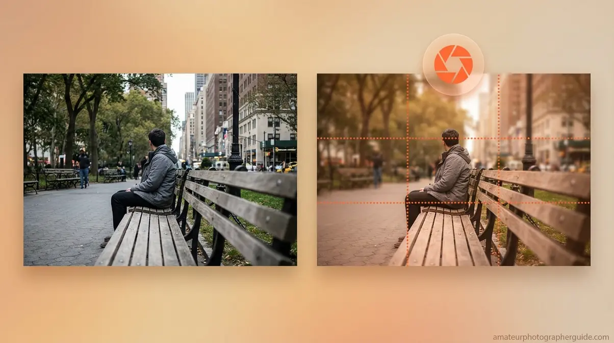 Two park bench scenes illustrating what composition in photography means through intentional versus unplanned framing