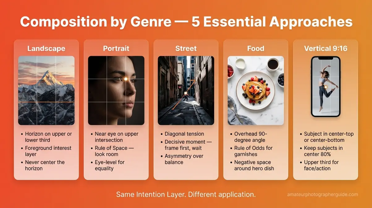 Genre composition guide showing photography composition types for landscape portrait street food and vertical social media formats