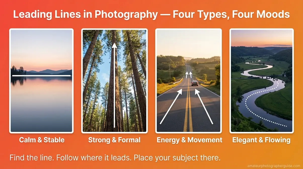 Infographic showing leading lines composition in photography with horizontal vertical diagonal and S-curve line types