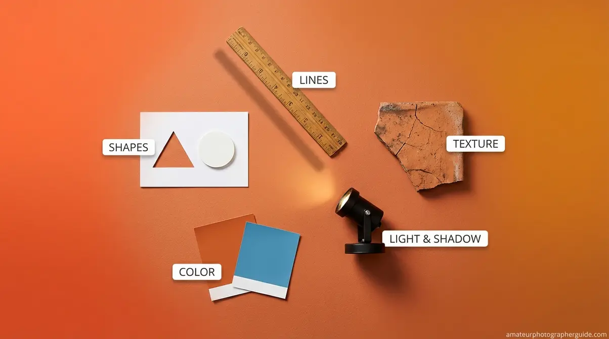 Five building blocks of photography composition elements — lines shapes texture light and color arranged visually