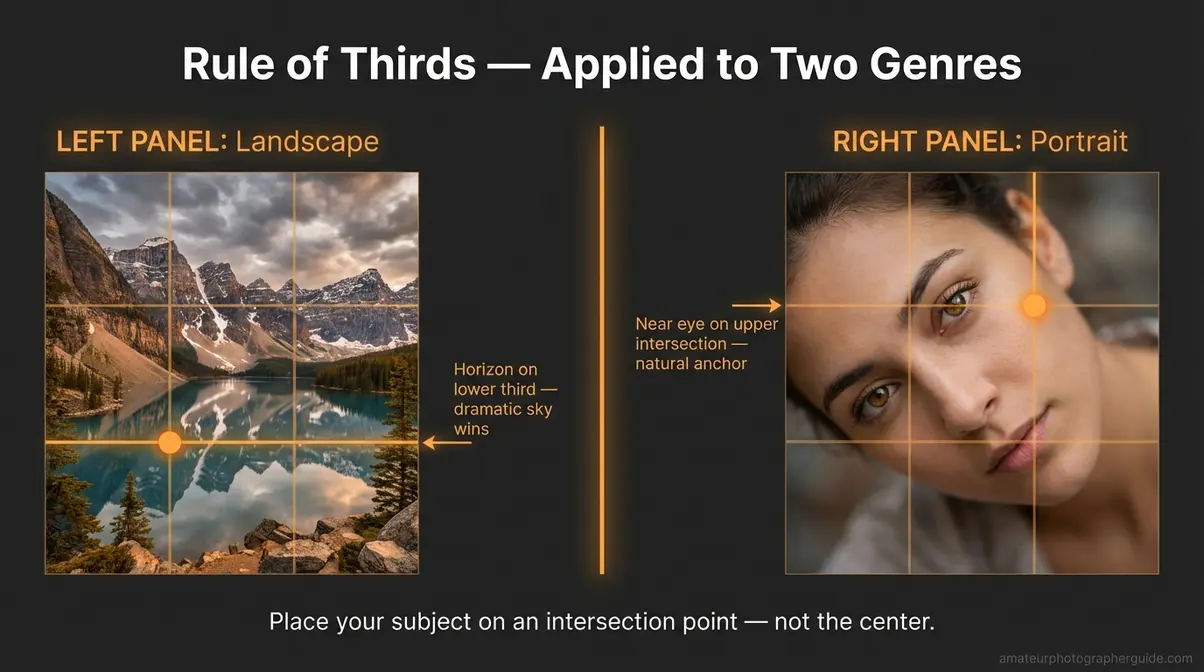 Rule of thirds grid overlay showing composition in photography applied to landscape horizon placement and portrait eye placement