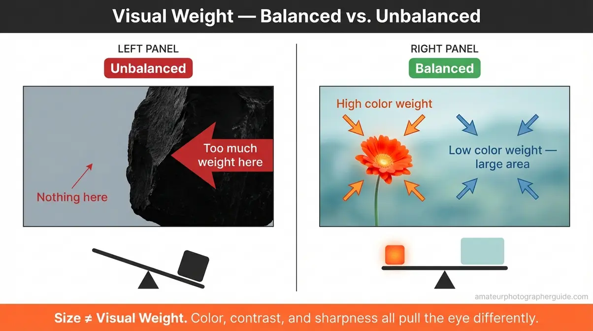 Split-screen diagram comparing balanced versus unbalanced visual weight in photography composition with warm and cool color contrast