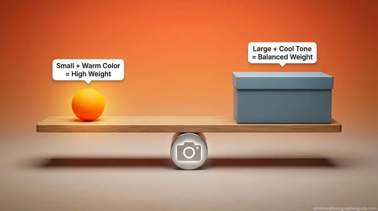Seesaw diagram illustrating visual weight balance in photography composition with warm color versus large cool area