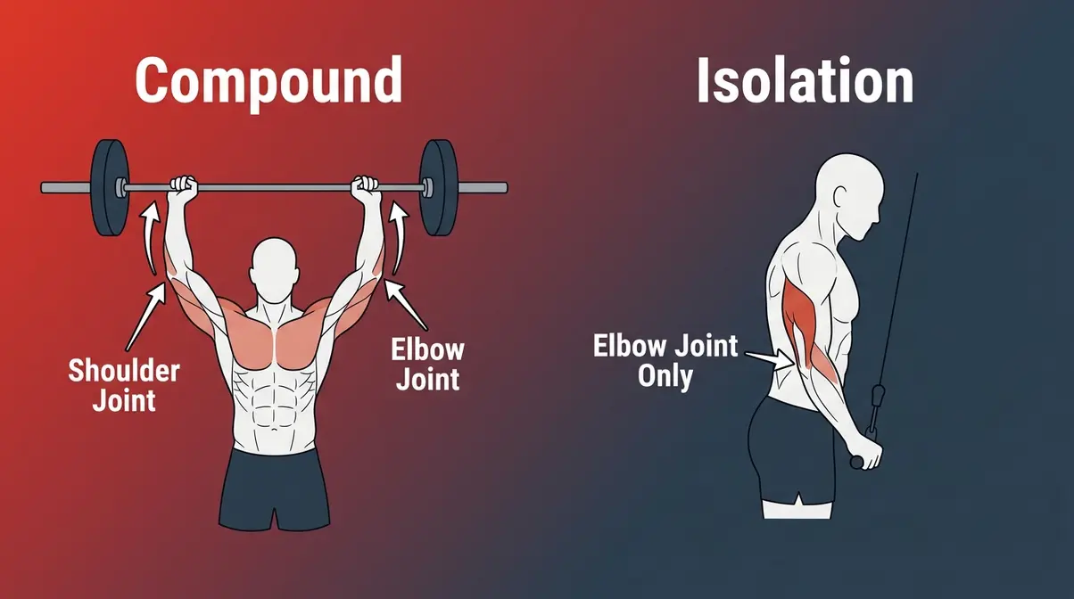 Compound vs isolation exercise illustration showing multi-joint overhead press and single-joint tricep pushdown
