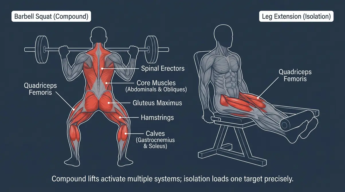 Anatomical diagram comparing muscles activated in barbell squat compound exercise versus leg extension isolation exercise