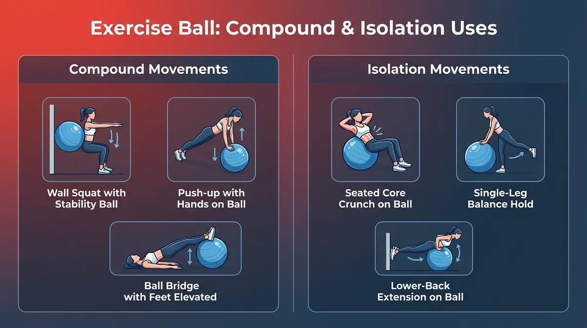 Infographic showing stability exercise ball used in compound wall squats and isolation core crunches