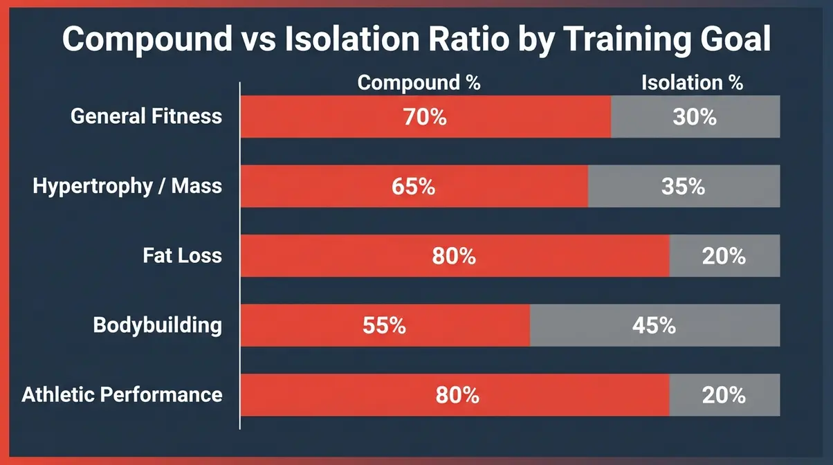 Bar chart showing recommended compound versus isolation exercise ratio for five training goals