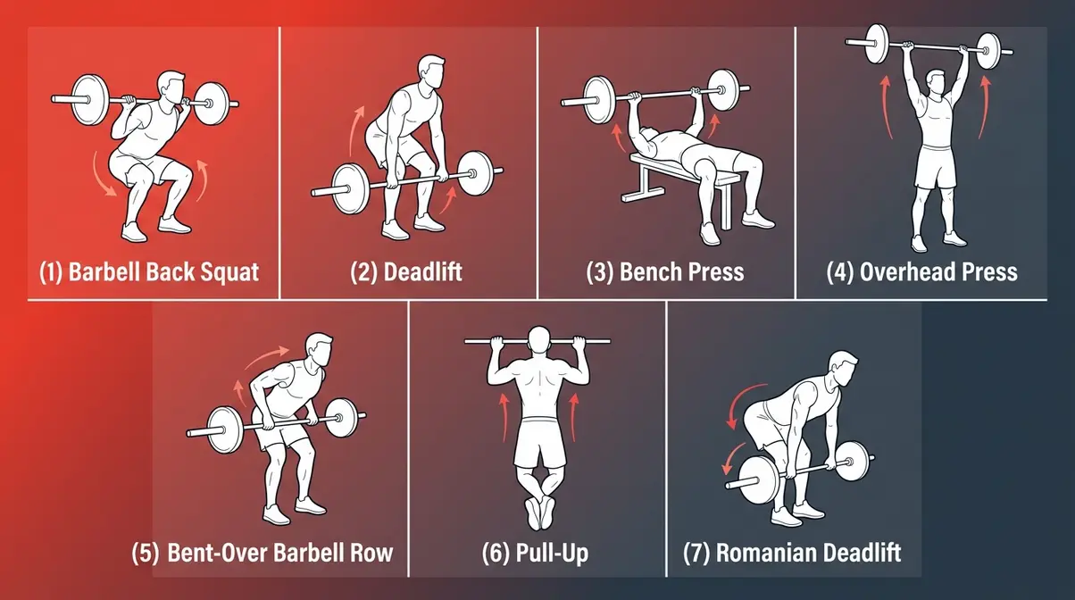 Seven foundational compound exercises illustrated including squat deadlift bench press overhead press row pull-up and Romanian deadlift