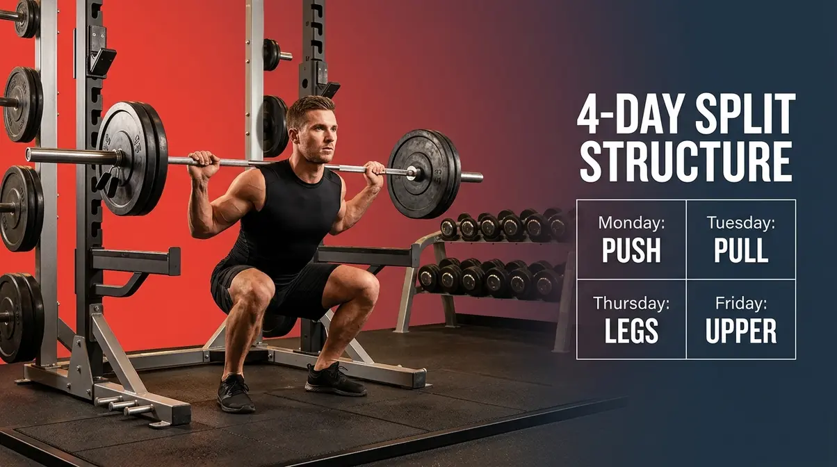 Athlete performing barbell squat in gym with four-day compound and isolation workout split overlay