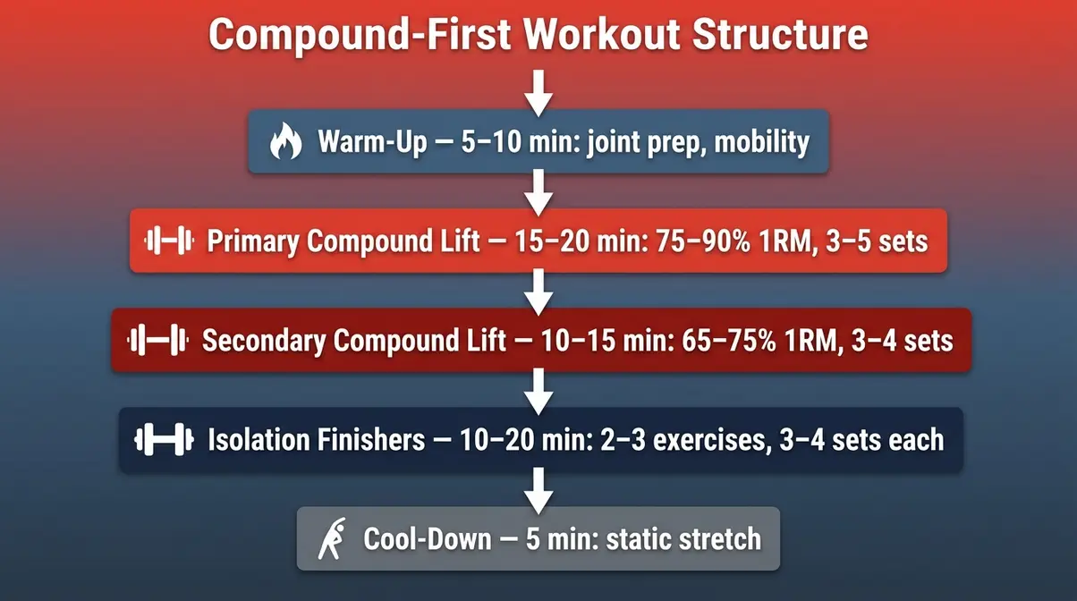 Workout structure flowchart showing compound-first session order from warm-up to cool-down