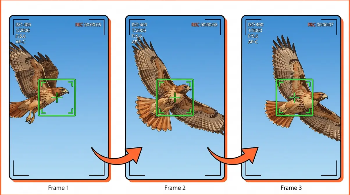 Continuous autofocus tracking a bird in flight across three sequential frames