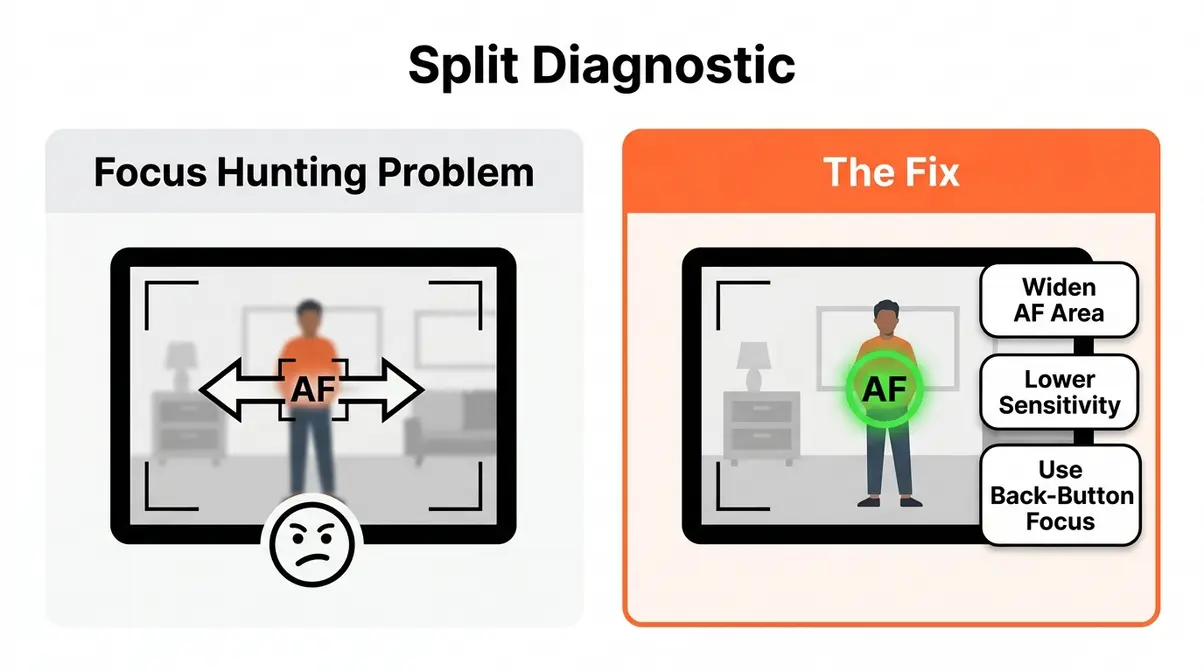 Continuous autofocus focus hunting problem diagnosis and three practical fixes illustrated side by side