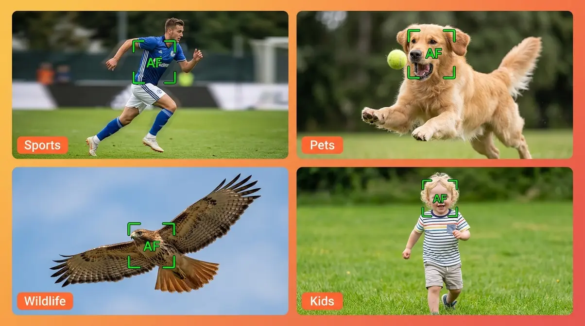 Four continuous autofocus scenarios showing sports, pets, wildlife, and kids photography with tracking boxes