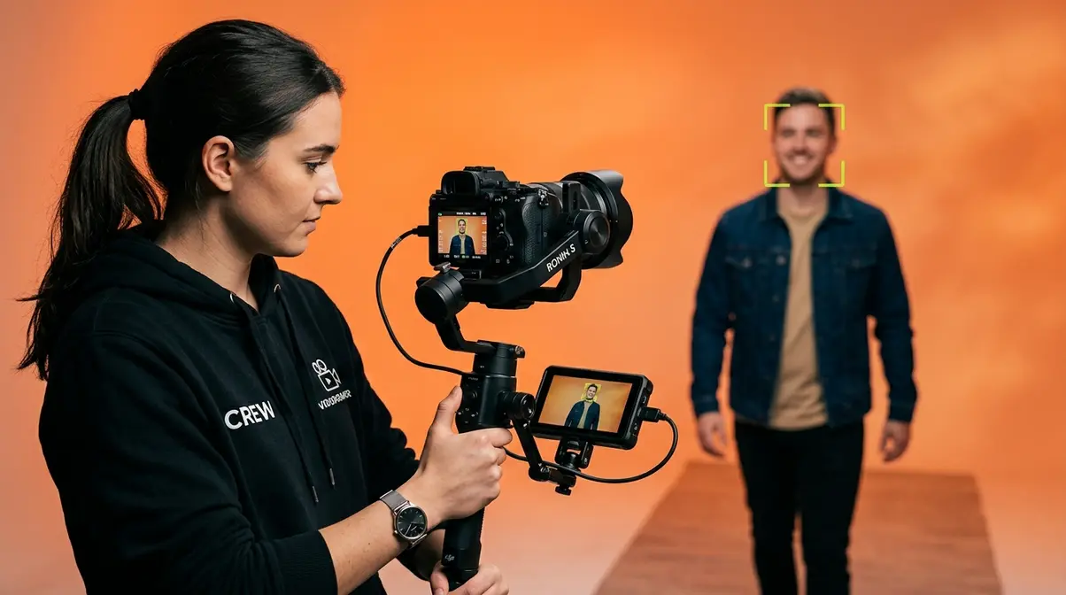 Videographer using gimbal with mirrorless camera showing continuous autofocus face detection on LCD screen
