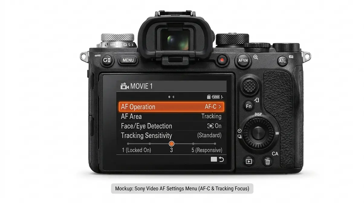 Sony camera video menu showing continuous autofocus AF-C setting and tracking sensitivity options
