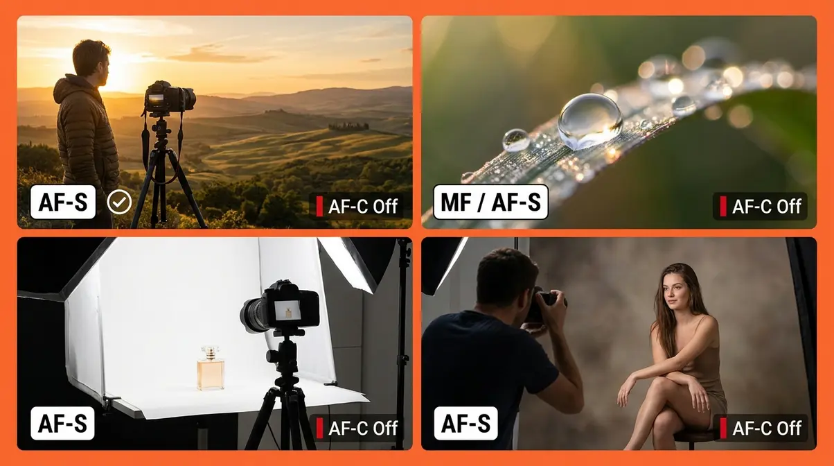 Four scenarios where continuous autofocus should be turned off including landscape macro studio and portrait photography