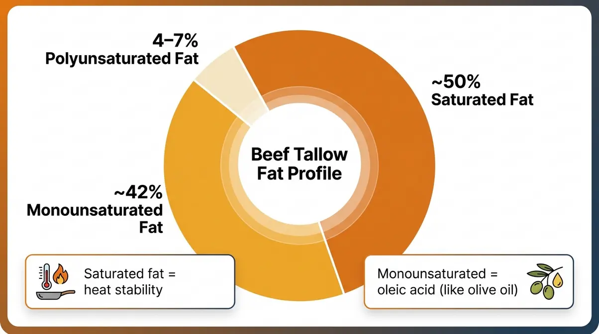 Cooking With Beef Tallow: 7 Techniques + Honest Health Facts 4 Pie chart of beef tallow fat composition: 50% saturated, 42% monounsaturated, 4–7% polyunsaturated fat