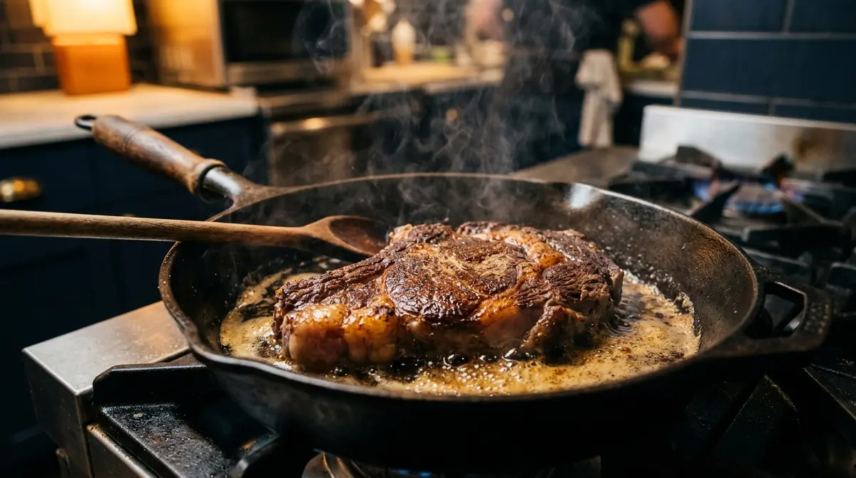 Cooking With Beef Tallow: 7 Techniques + Honest Health Facts 2 Ribeye steak searing in beef tallow in a cast iron skillet with golden Maillard crust forming