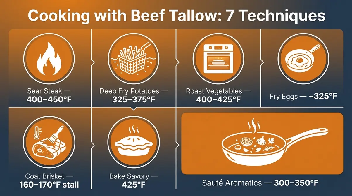 Cooking With Beef Tallow: 7 Techniques + Honest Health Facts 5 Infographic of 7 beef tallow cooking techniques with temperatures for searing, frying, and roasting