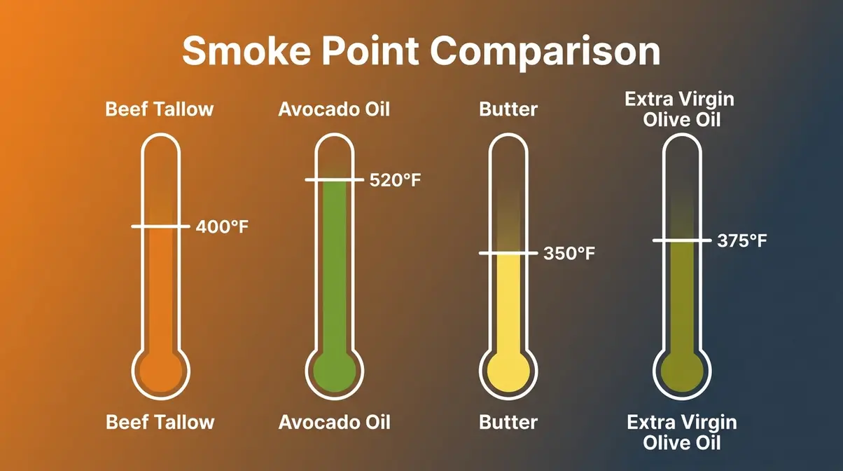 Cooking With Beef Tallow: 7 Techniques + Honest Health Facts 1 Smoke point comparison chart showing beef tallow at 400°F versus butter, olive oil, and avocado oil