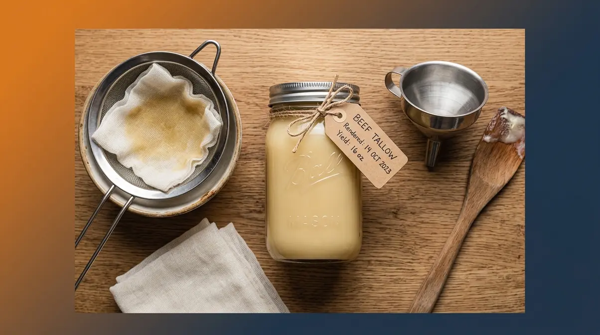 Cooking With Beef Tallow: 7 Techniques + Honest Health Facts 3 Glass jar of stored beef tallow with cheesecloth strainer and date label for proper storage