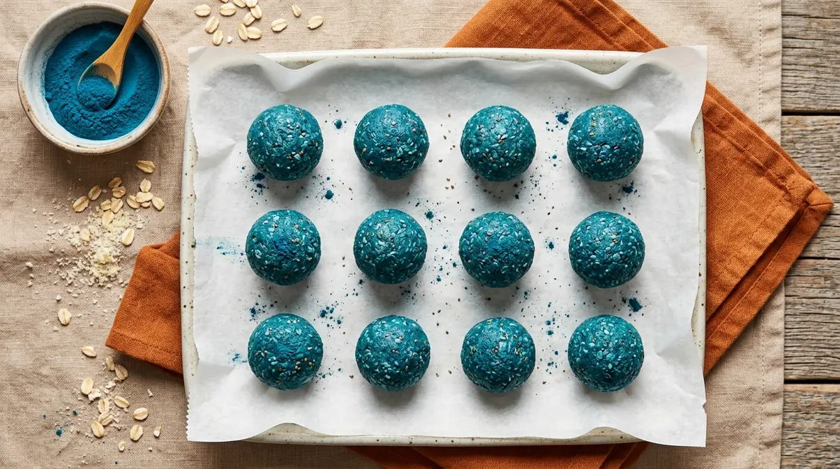 Twelve vivid teal-blue Blue Majik spirulina energy balls on parchment paper made with oats and almond flour
