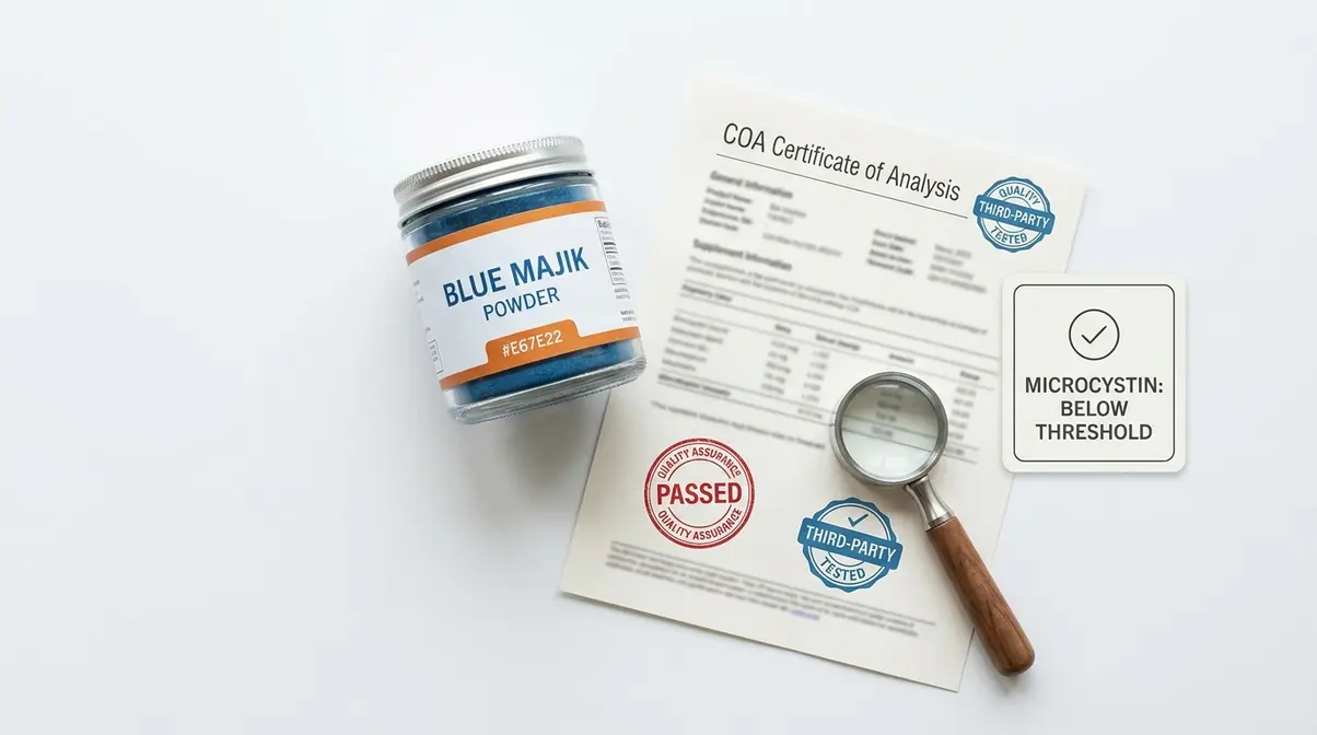Blue Majik spirulina third-party testing certificate of analysis representing liver safety and microcystin screening