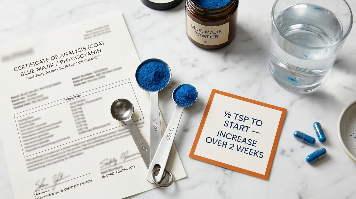 Blue Majik spirulina safety dosing guide showing measuring spoons with half teaspoon and one teaspoon amounts