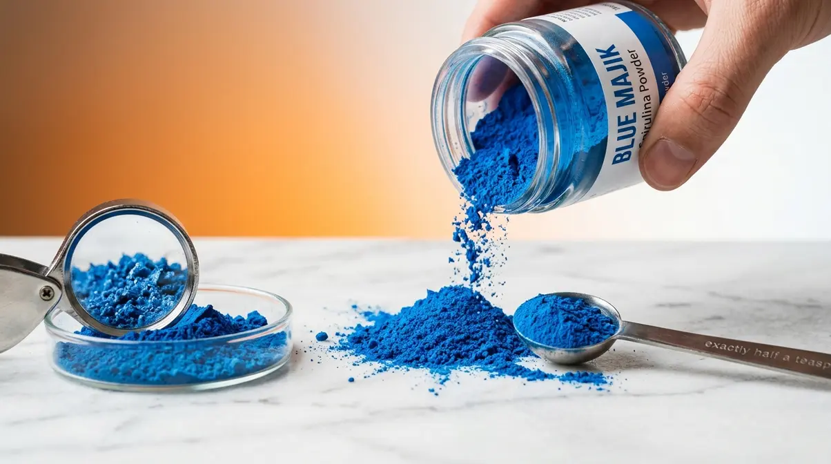 Blue Majik spirulina phycocyanin extract powder in vivid electric blue color on white marble surface