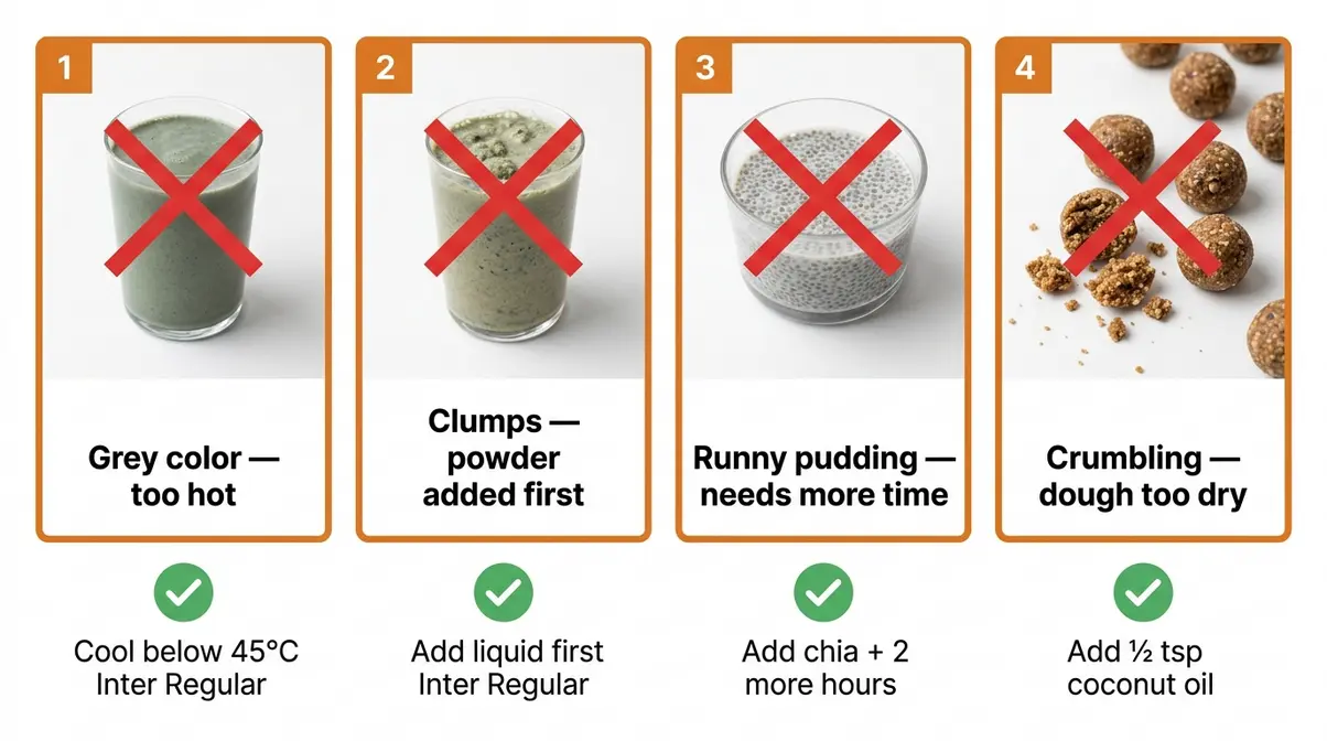 Four-panel troubleshooting guide showing common Blue Majik spirulina cooking mistakes and how to fix them
