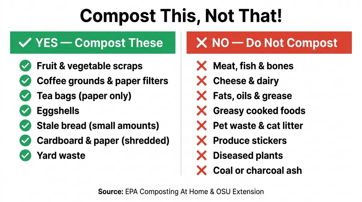 Two-column comparison chart showing which kitchen scraps can and cannot be composted based on EPA guidelines