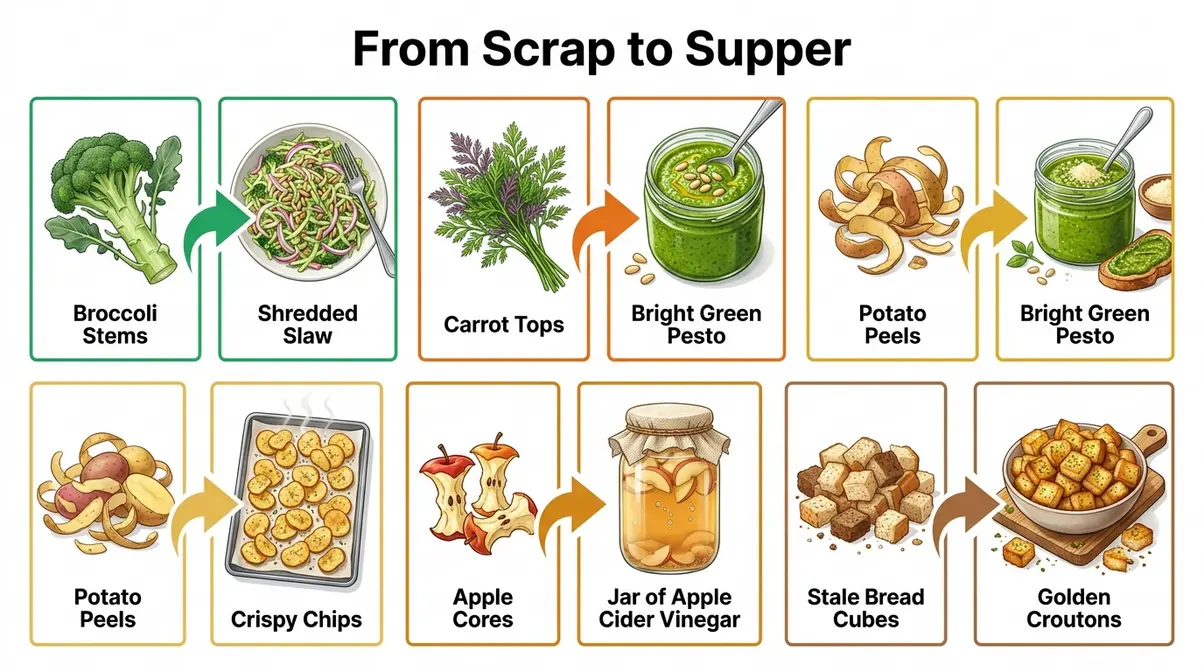 Infographic showing five food scraps — broccoli stems, carrot tops, potato peels, apple cores, stale bread — transformed into meals