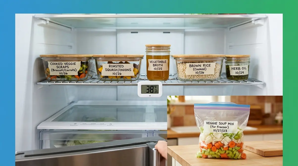 Refrigerator shelf with shallow labeled food storage containers showing safe scrap storage using the 2-2-2 Rule