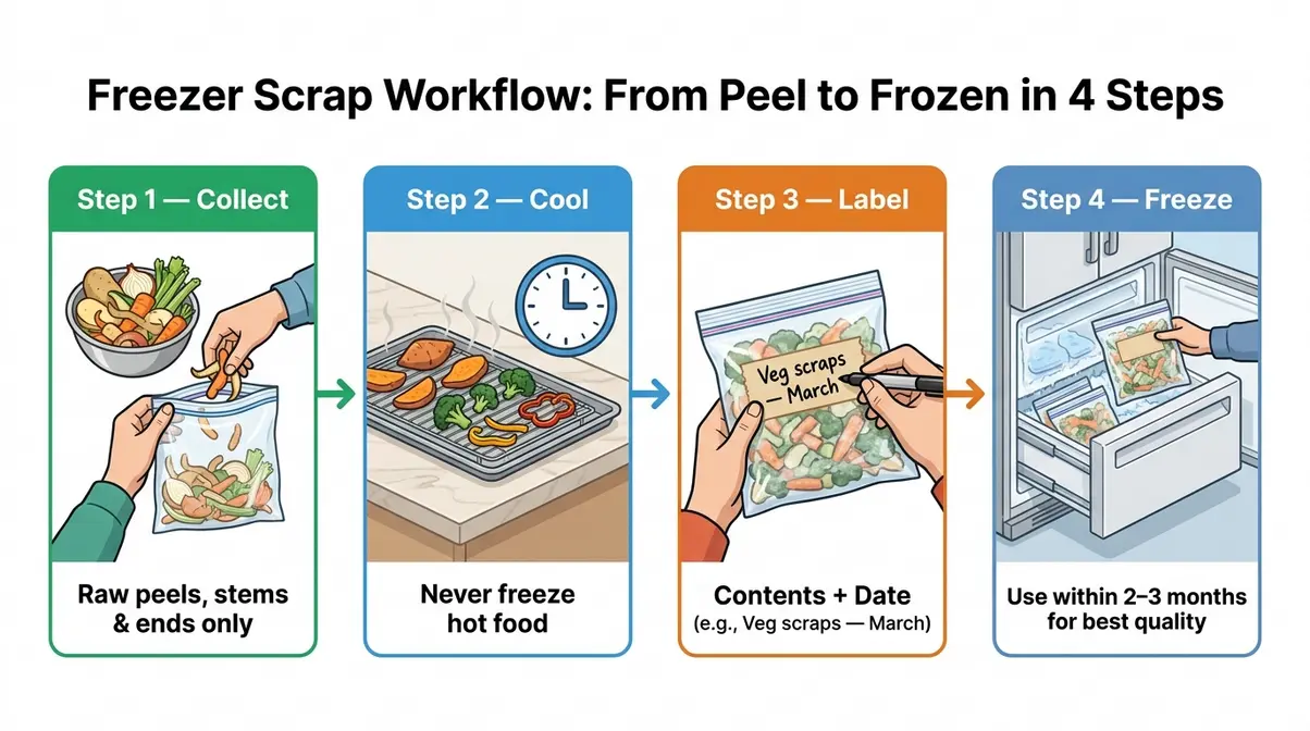 Step-by-step flowchart showing how to collect, cool, label, and freeze kitchen scraps safely in four steps