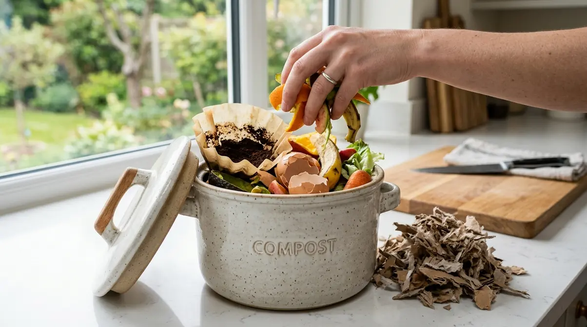 Ceramic countertop compost crock receiving vegetable scraps, coffee grounds, and eggshells beside shredded cardboard browns