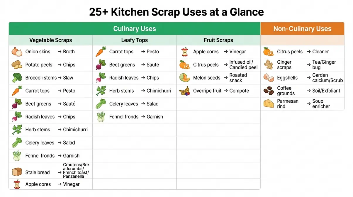 Reference chart listing 25 kitchen scraps and their culinary or non-culinary uses for zero-waste cooking at home