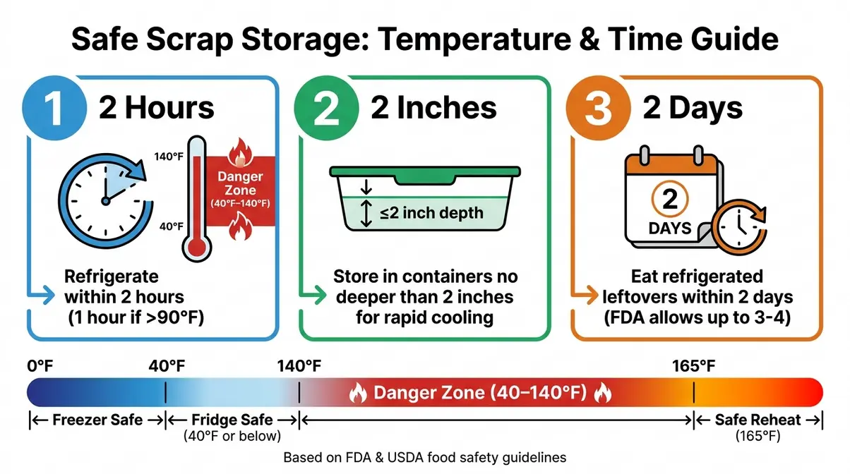 Infographic showing the 2-2-2 Rule for safe food scrap storage — refrigerate within 2 hours, 2 inches deep, eat within 2 days