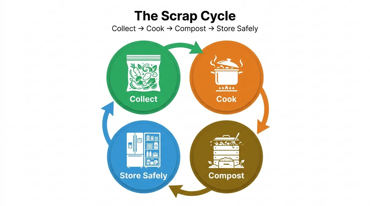 Flowchart diagram of The Scrap Cycle showing four stages — Collect, Cook, Compost, Store Safely — for zero-waste cooking