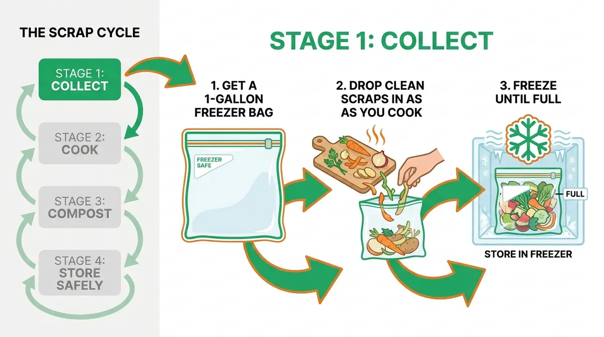 Flowchart showing Stage 1 of The Scrap Cycle — the Collect step for building a zero-waste kitchen system