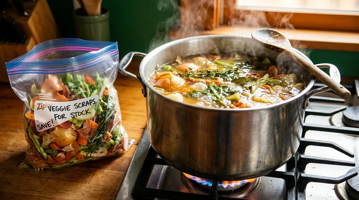 Stockpot of golden vegetable broth simmering with food scraps including onion skins, carrot peels, and celery ends