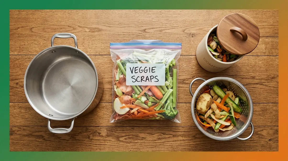 Overhead view of zero-waste kitchen setup tools including a freezer scrap bag, compost crock, colander, and stockpot