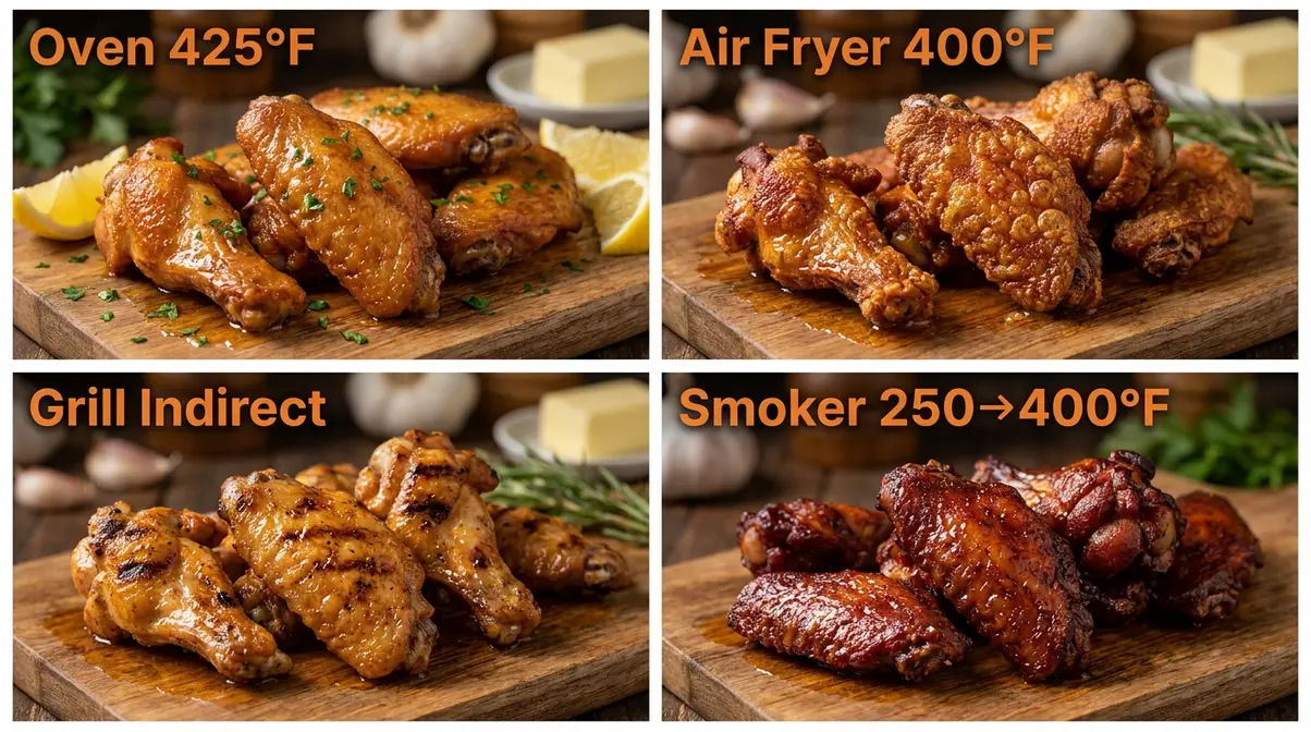 Cowboy Butter Chicken Wings: Crispy 4-Step Recipe 10 Four-panel comparison of cowboy butter chicken wings cooked by oven, air fryer, grill, and smoker methods showing texture differences