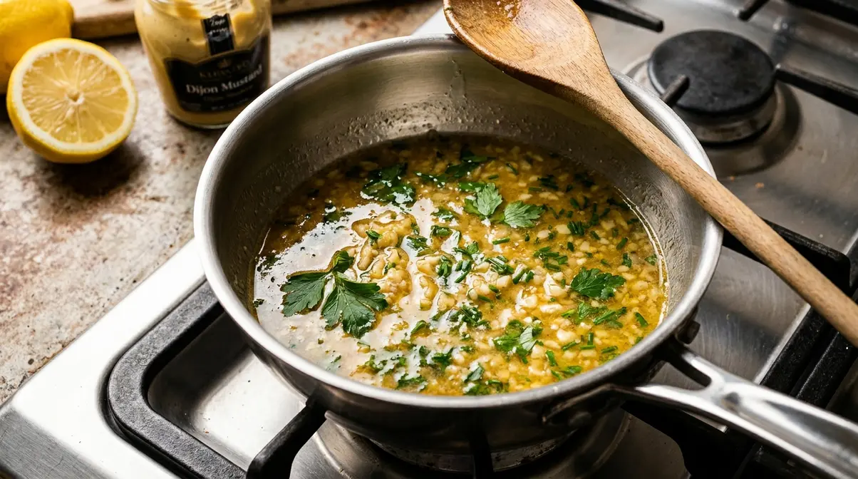 Cowboy Butter Chicken Wings: Crispy 4-Step Recipe 4 Homemade cowboy butter sauce with garlic, herbs, and lemon simmering in a small saucepan