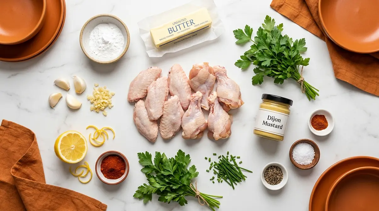 Cowboy Butter Chicken Wings: Crispy 4-Step Recipe 1 Overhead flat lay of cowboy butter chicken wings ingredients including raw wings, baking powder, butter, garlic, and fresh herbs