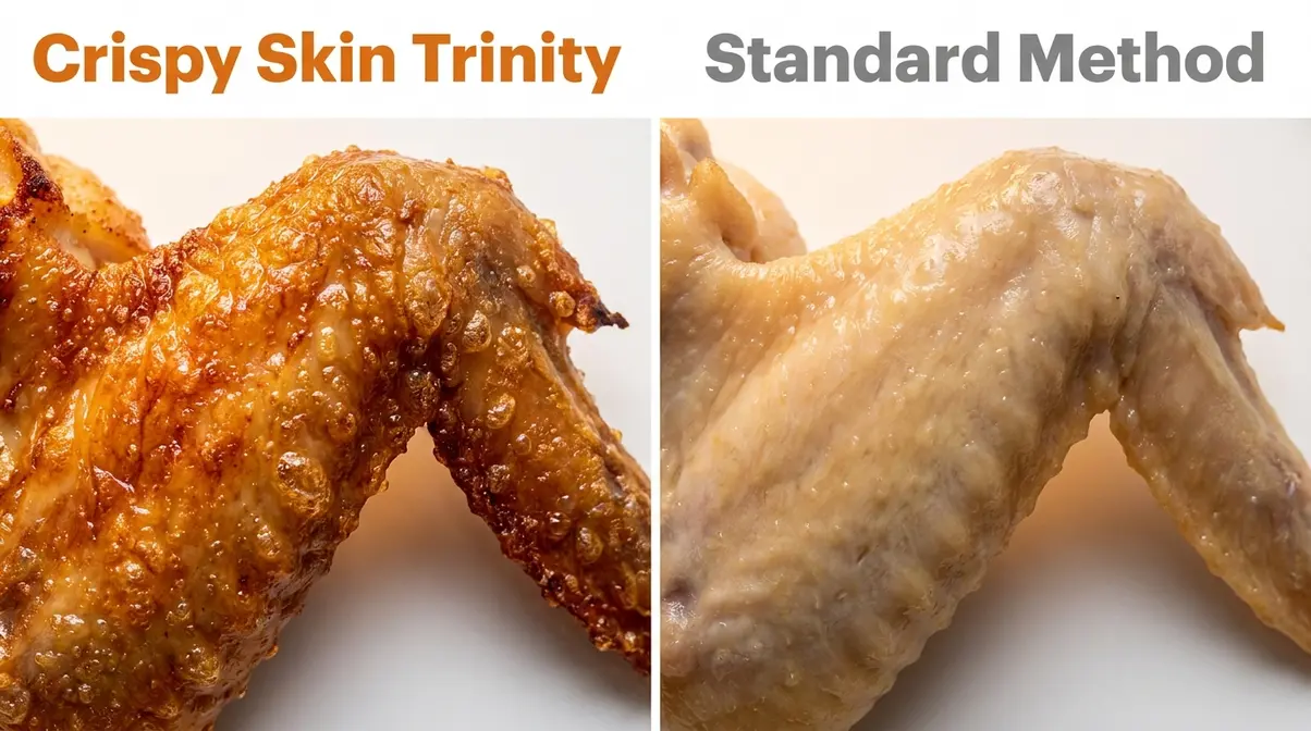 Cowboy Butter Chicken Wings: Crispy 4-Step Recipe 9 Side-by-side macro comparison of crispy baked chicken wing skin using The Crispy Skin Trinity method versus standard flat-pan method