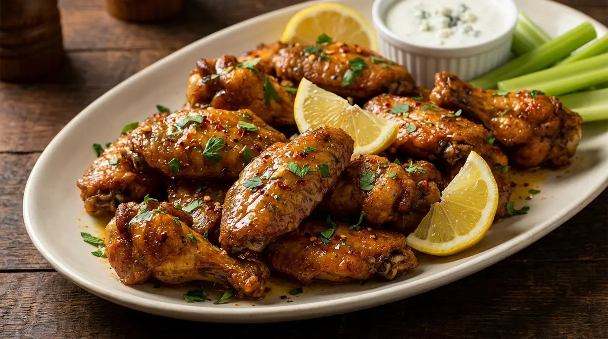 Cowboy Butter Chicken Wings: Crispy 4-Step Recipe 7 Finished crispy cowboy butter chicken wings on a serving platter garnished with parsley, lemon, and red pepper flakes