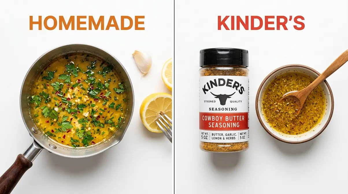 Cowboy Butter Chicken Wings: Crispy 4-Step Recipe 3 Side-by-side comparison of homemade cowboy butter sauce versus Kinder's Cowboy Butter seasoning jar and melted butter mixture
