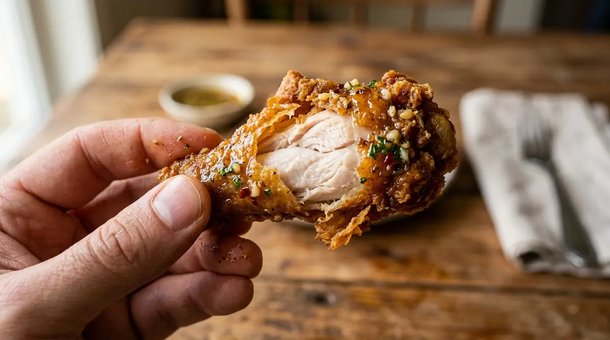 Cowboy Butter Chicken Wings: Crispy 4-Step Recipe 8 Bitten chicken wing showing crispy golden skin and fully cooked juicy white meat inside with no pink