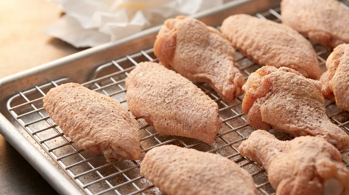 Cowboy Butter Chicken Wings: Crispy 4-Step Recipe 2 Raw chicken wings patted dry and evenly coated in baking powder spice mix on a wire rack