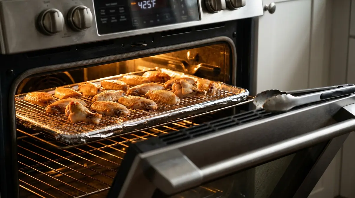 Cowboy Butter Chicken Wings: Crispy 4-Step Recipe 6 Chicken wings in a single layer on a wire rack over a baking sheet inside a 425°F oven